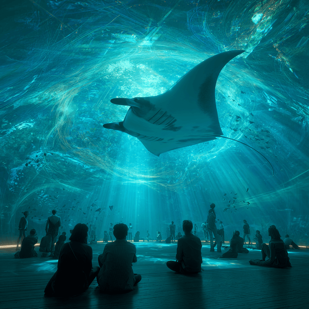 Audience inside an immersive dome watching a manta ray swim overhead